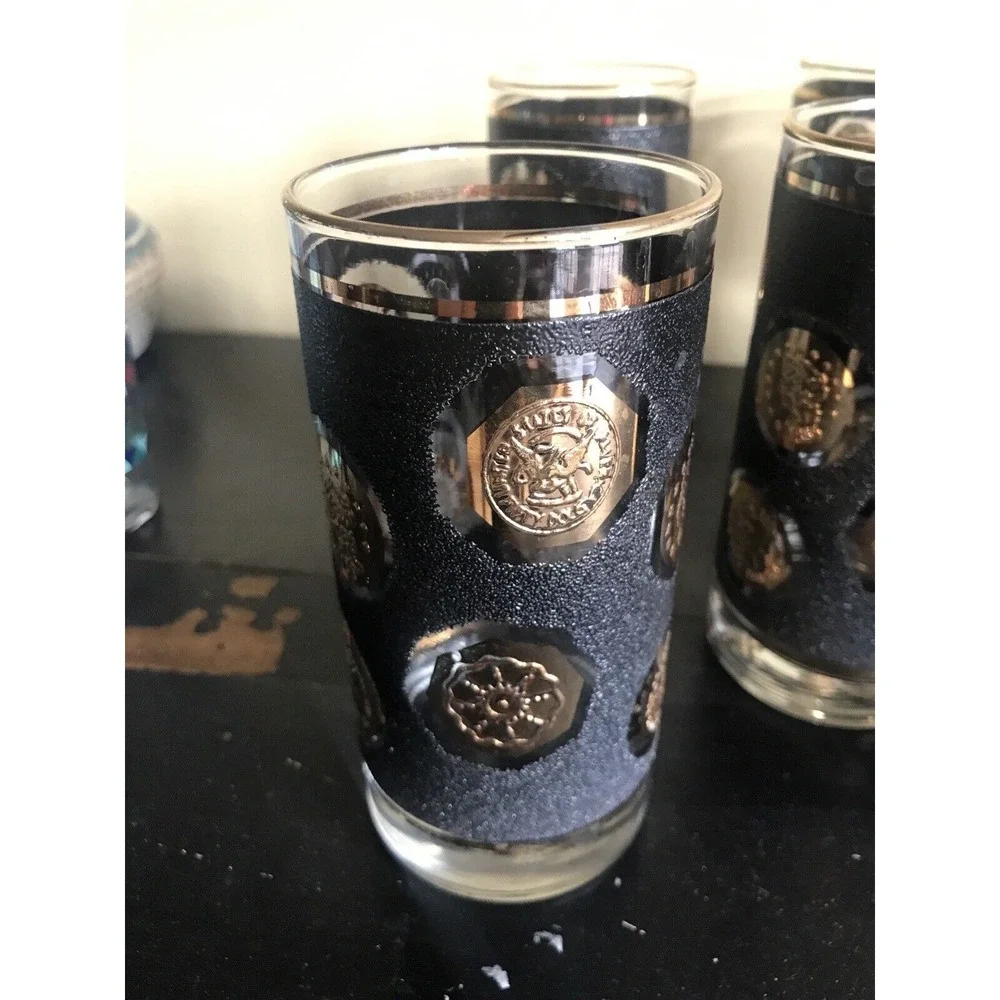Libbey Black With Gold Coin Highball‎ Tea Glasses Set Of 2